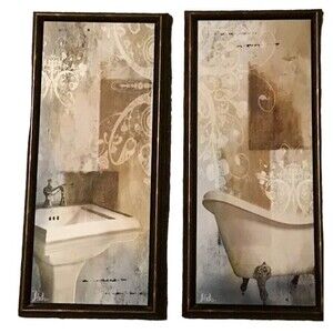 Patricia Pinto Bathroom Framed Print Sink Cast Iron Tub Brown Tones Gray Pair 2